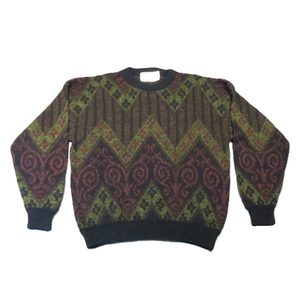 Robert Bruce‎ Geometric Knit Sweater L Brown Green 80s 90s Vintage Boho Grandpa